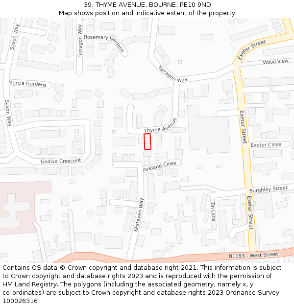 39, THYME AVENUE, BOURNE, PE10 9ND: Location map and indicative extent of plot