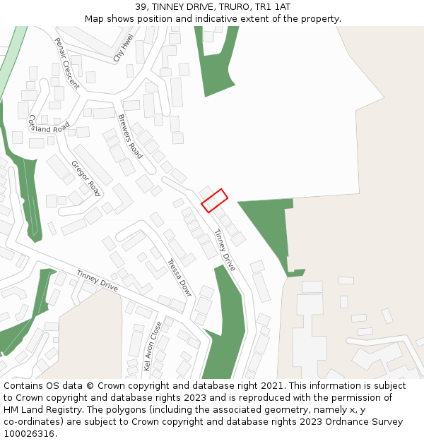 39, TINNEY DRIVE, TRURO, TR1 1AT: Location map and indicative extent of plot