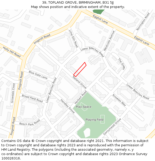 39, TOPLAND GROVE, BIRMINGHAM, B31 5JJ: Location map and indicative extent of plot