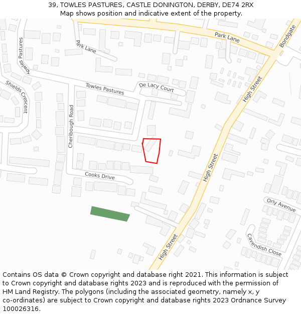 39, TOWLES PASTURES, CASTLE DONINGTON, DERBY, DE74 2RX: Location map and indicative extent of plot