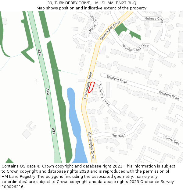 39, TURNBERRY DRIVE, HAILSHAM, BN27 3UQ: Location map and indicative extent of plot