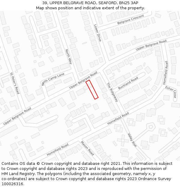 39, UPPER BELGRAVE ROAD, SEAFORD, BN25 3AP: Location map and indicative extent of plot