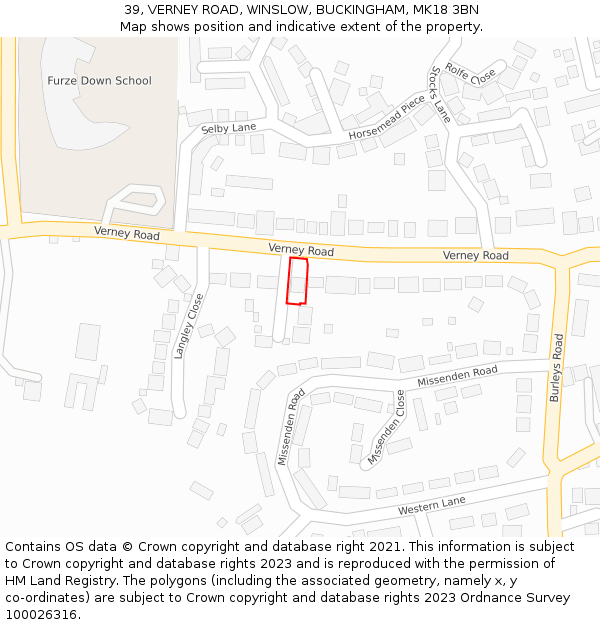 39, VERNEY ROAD, WINSLOW, BUCKINGHAM, MK18 3BN: Location map and indicative extent of plot