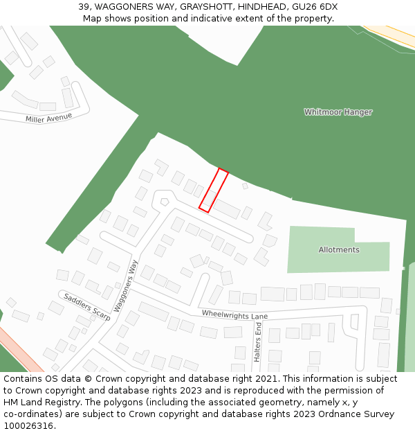 39, WAGGONERS WAY, GRAYSHOTT, HINDHEAD, GU26 6DX: Location map and indicative extent of plot