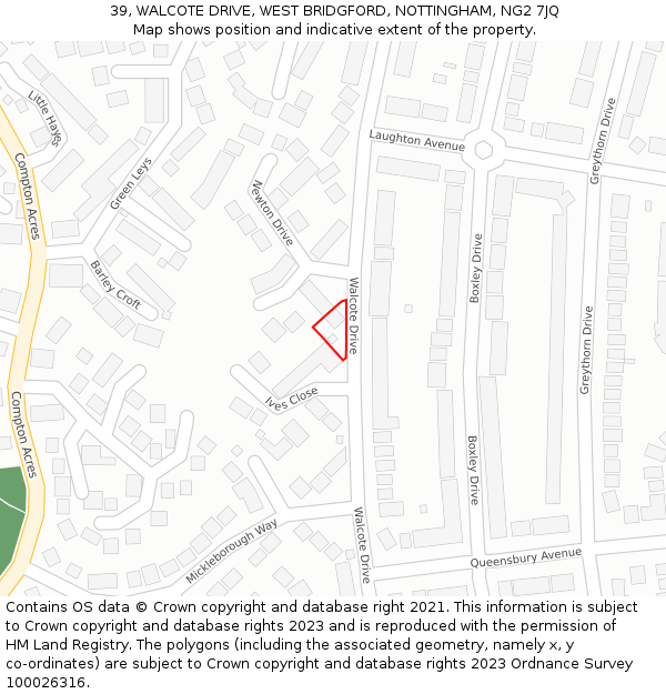 39, WALCOTE DRIVE, WEST BRIDGFORD, NOTTINGHAM, NG2 7JQ: Location map and indicative extent of plot