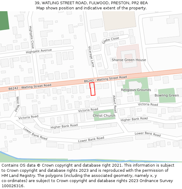 39, WATLING STREET ROAD, FULWOOD, PRESTON, PR2 8EA: Location map and indicative extent of plot