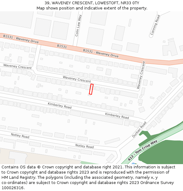 39, WAVENEY CRESCENT, LOWESTOFT, NR33 0TY: Location map and indicative extent of plot