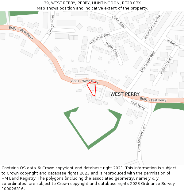 39, WEST PERRY, PERRY, HUNTINGDON, PE28 0BX: Location map and indicative extent of plot