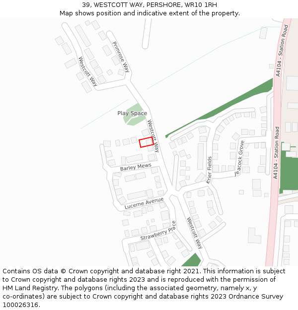 39, WESTCOTT WAY, PERSHORE, WR10 1RH: Location map and indicative extent of plot