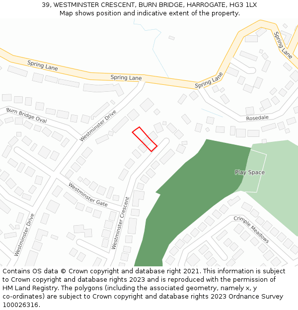 39, WESTMINSTER CRESCENT, BURN BRIDGE, HARROGATE, HG3 1LX: Location map and indicative extent of plot