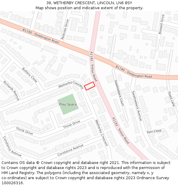 39, WETHERBY CRESCENT, LINCOLN, LN6 8SY: Location map and indicative extent of plot