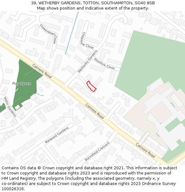 39, WETHERBY GARDENS, TOTTON, SOUTHAMPTON, SO40 8SB: Location map and indicative extent of plot