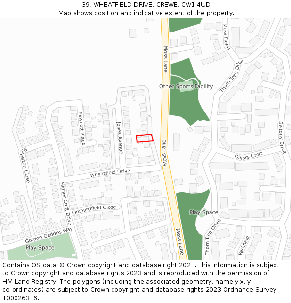 39, WHEATFIELD DRIVE, CREWE, CW1 4UD: Location map and indicative extent of plot