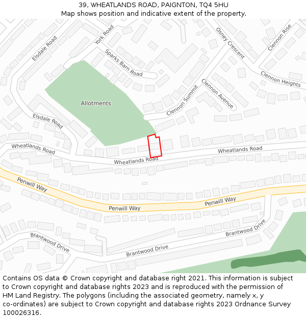 39, WHEATLANDS ROAD, PAIGNTON, TQ4 5HU: Location map and indicative extent of plot