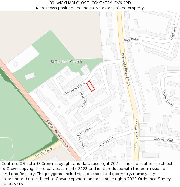 39, WICKHAM CLOSE, COVENTRY, CV6 2PD: Location map and indicative extent of plot