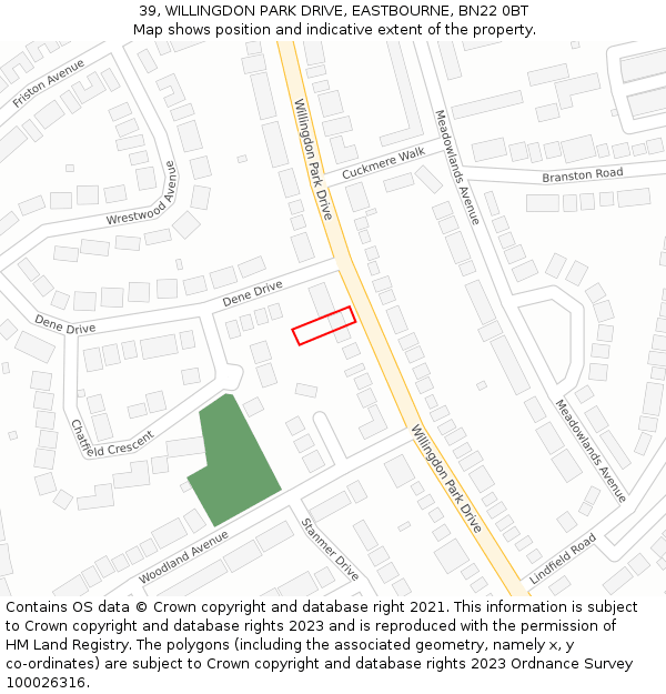 39, WILLINGDON PARK DRIVE, EASTBOURNE, BN22 0BT: Location map and indicative extent of plot