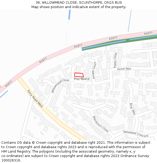 39, WILLOWMEAD CLOSE, SCUNTHORPE, DN15 8US: Location map and indicative extent of plot