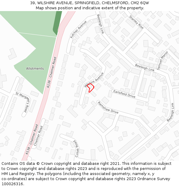 39, WILSHIRE AVENUE, SPRINGFIELD, CHELMSFORD, CM2 6QW: Location map and indicative extent of plot