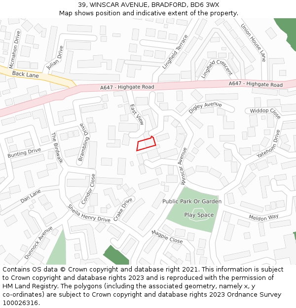 39, WINSCAR AVENUE, BRADFORD, BD6 3WX: Location map and indicative extent of plot