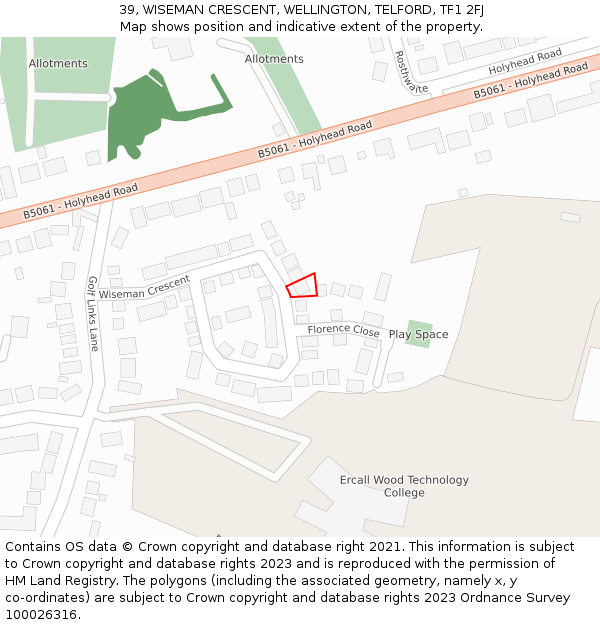 39, WISEMAN CRESCENT, WELLINGTON, TELFORD, TF1 2FJ: Location map and indicative extent of plot