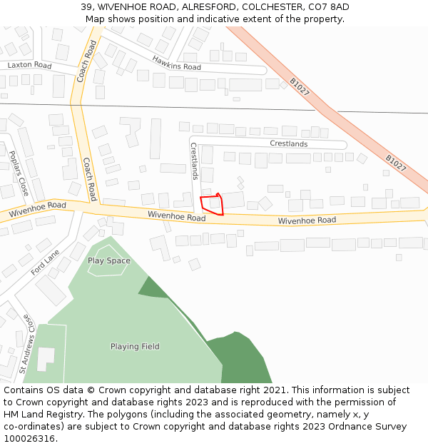 39, WIVENHOE ROAD, ALRESFORD, COLCHESTER, CO7 8AD: Location map and indicative extent of plot