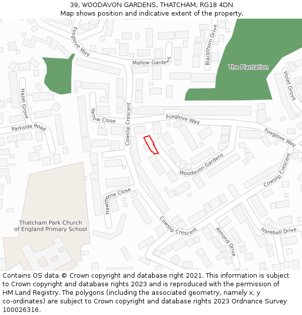 39, WOODAVON GARDENS, THATCHAM, RG18 4DN: Location map and indicative extent of plot