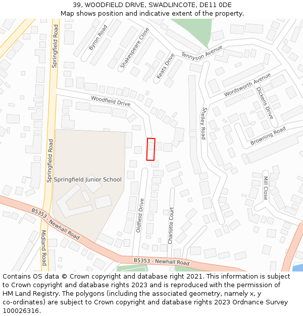 39, WOODFIELD DRIVE, SWADLINCOTE, DE11 0DE: Location map and indicative extent of plot