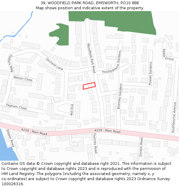 39, WOODFIELD PARK ROAD, EMSWORTH, PO10 8BE: Location map and indicative extent of plot