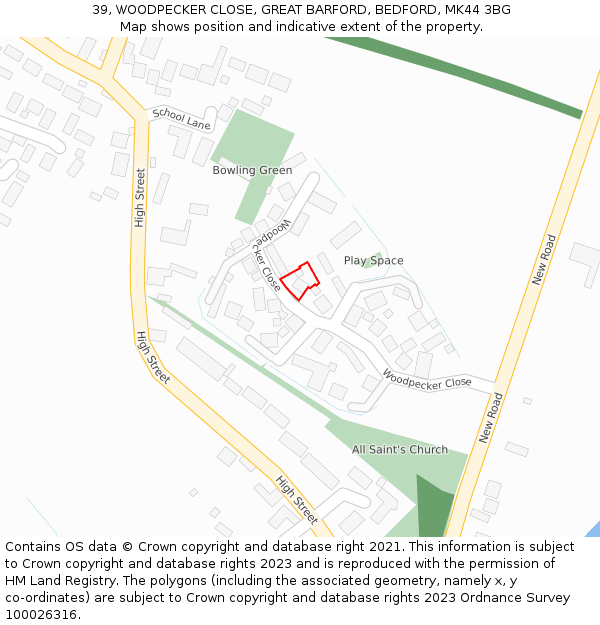 39, WOODPECKER CLOSE, GREAT BARFORD, BEDFORD, MK44 3BG: Location map and indicative extent of plot