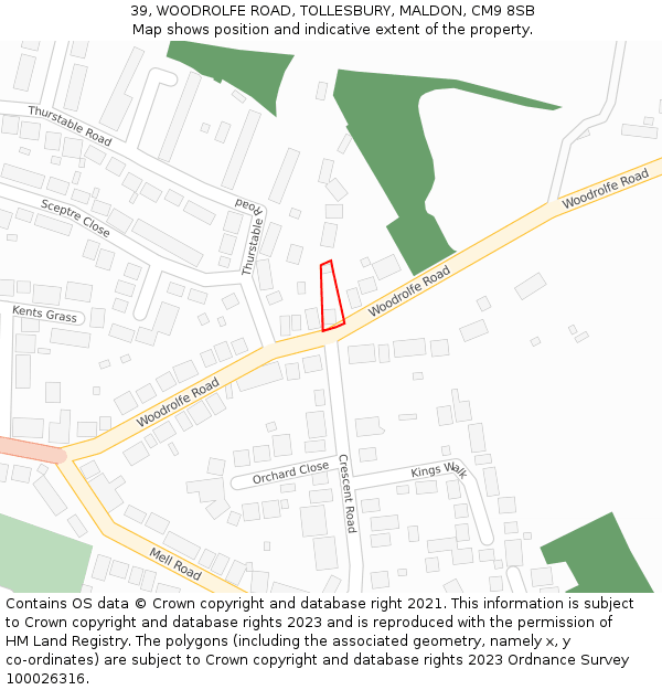 39, WOODROLFE ROAD, TOLLESBURY, MALDON, CM9 8SB: Location map and indicative extent of plot