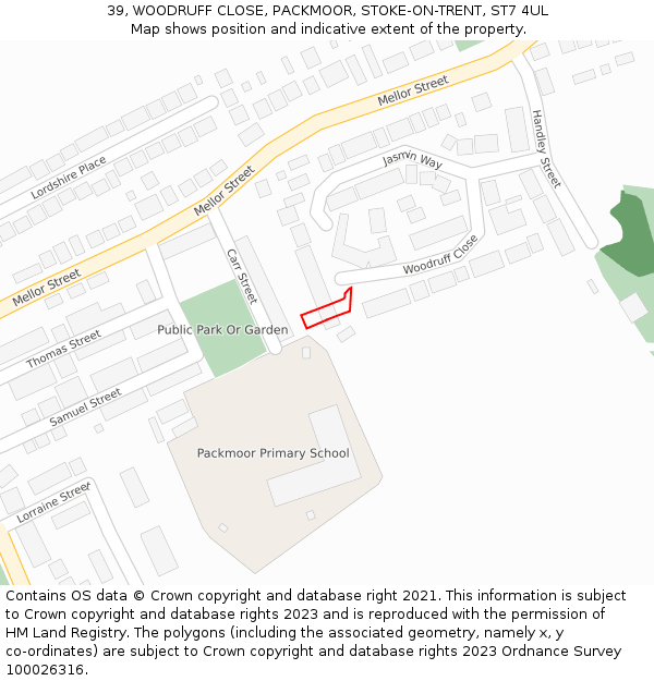 39, WOODRUFF CLOSE, PACKMOOR, STOKE-ON-TRENT, ST7 4UL: Location map and indicative extent of plot