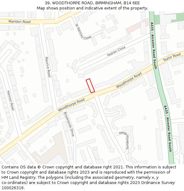 39, WOODTHORPE ROAD, BIRMINGHAM, B14 6EE: Location map and indicative extent of plot