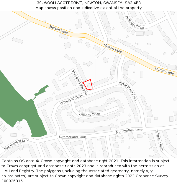 39, WOOLLACOTT DRIVE, NEWTON, SWANSEA, SA3 4RR: Location map and indicative extent of plot