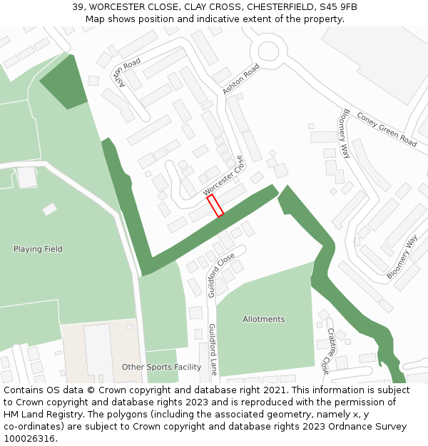 39, WORCESTER CLOSE, CLAY CROSS, CHESTERFIELD, S45 9FB: Location map and indicative extent of plot