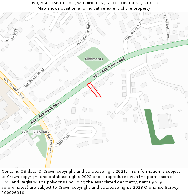 390, ASH BANK ROAD, WERRINGTON, STOKE-ON-TRENT, ST9 0JR: Location map and indicative extent of plot
