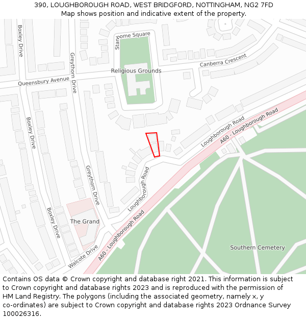 390, LOUGHBOROUGH ROAD, WEST BRIDGFORD, NOTTINGHAM, NG2 7FD: Location map and indicative extent of plot