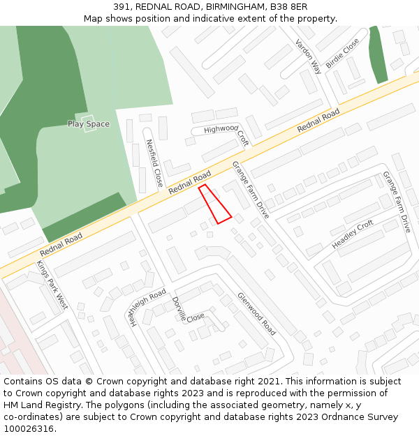 391, REDNAL ROAD, BIRMINGHAM, B38 8ER: Location map and indicative extent of plot