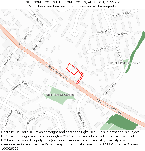 395, SOMERCOTES HILL, SOMERCOTES, ALFRETON, DE55 4JX: Location map and indicative extent of plot