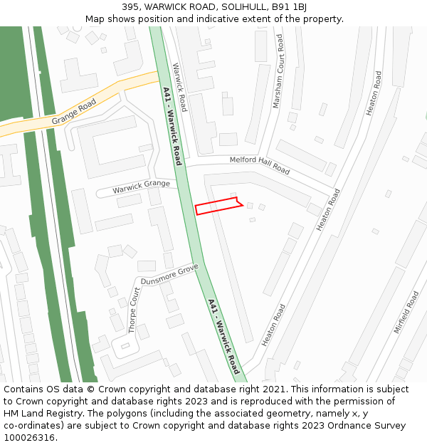 395, WARWICK ROAD, SOLIHULL, B91 1BJ: Location map and indicative extent of plot