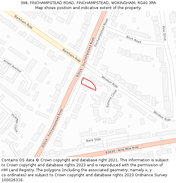398, FINCHAMPSTEAD ROAD, FINCHAMPSTEAD, WOKINGHAM, RG40 3RA: Location map and indicative extent of plot