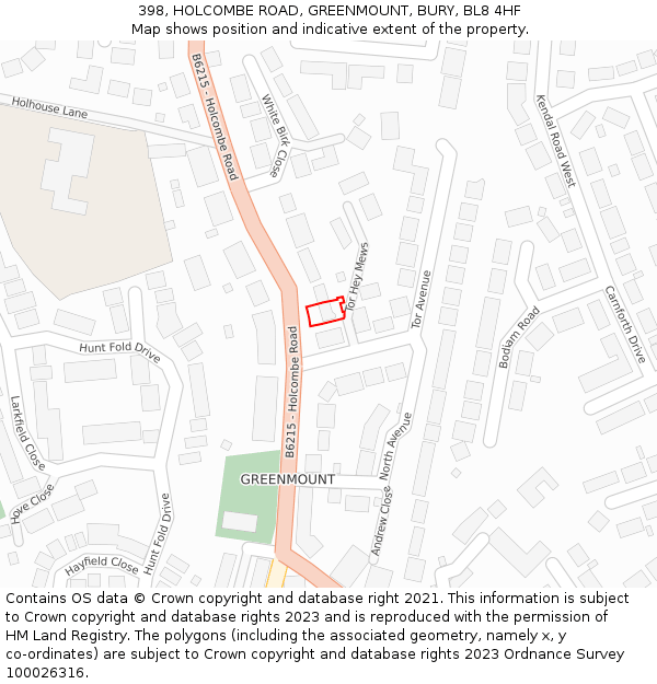 398, HOLCOMBE ROAD, GREENMOUNT, BURY, BL8 4HF: Location map and indicative extent of plot