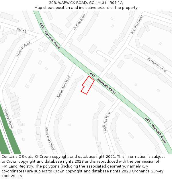 398, WARWICK ROAD, SOLIHULL, B91 1AJ: Location map and indicative extent of plot