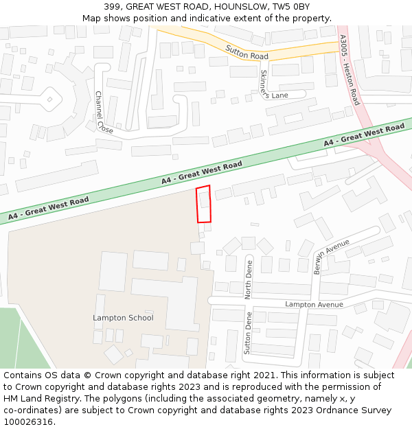 399, GREAT WEST ROAD, HOUNSLOW, TW5 0BY: Location map and indicative extent of plot