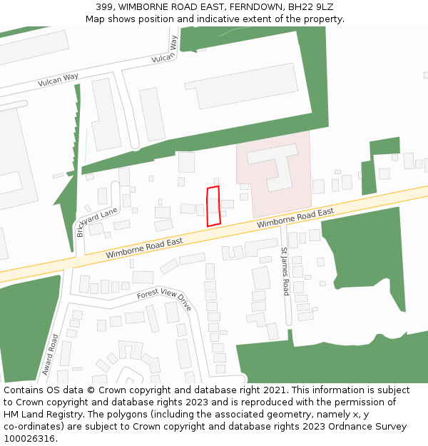 399, WIMBORNE ROAD EAST, FERNDOWN, BH22 9LZ: Location map and indicative extent of plot