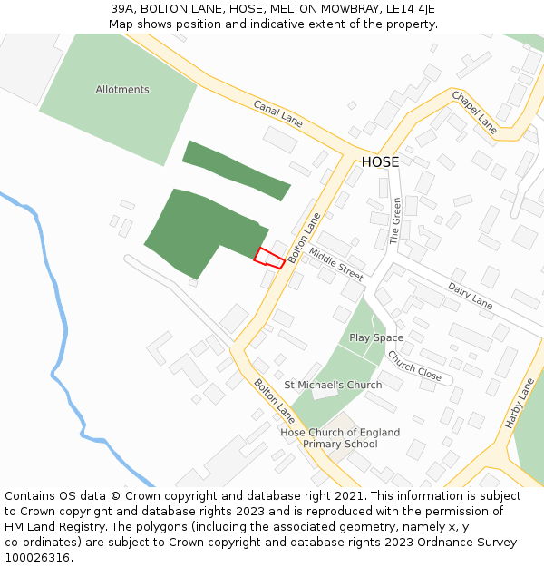 39A, BOLTON LANE, HOSE, MELTON MOWBRAY, LE14 4JE: Location map and indicative extent of plot