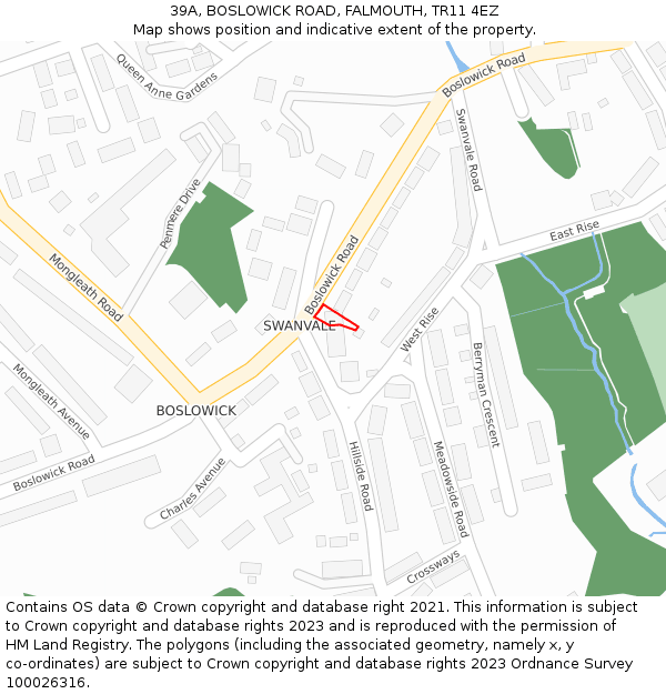 39A, BOSLOWICK ROAD, FALMOUTH, TR11 4EZ: Location map and indicative extent of plot