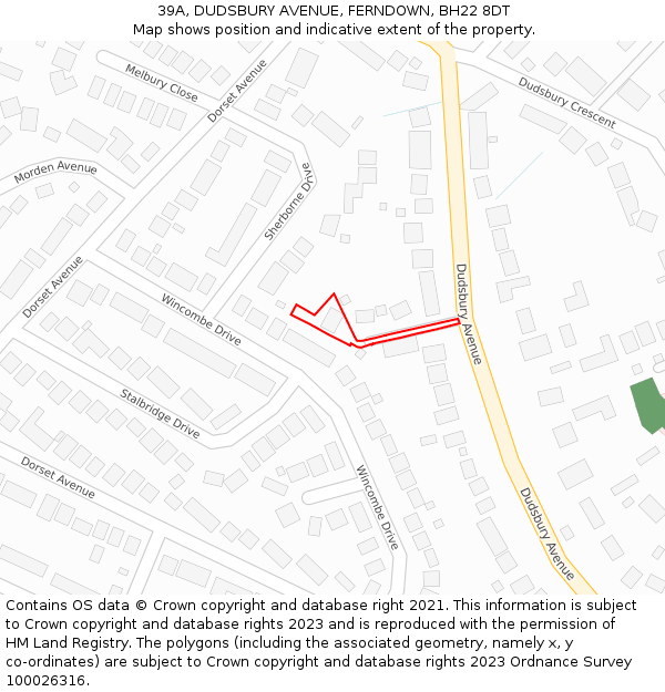 39A, DUDSBURY AVENUE, FERNDOWN, BH22 8DT: Location map and indicative extent of plot