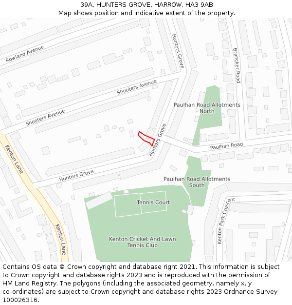 39A, HUNTERS GROVE, HARROW, HA3 9AB: Location map and indicative extent of plot