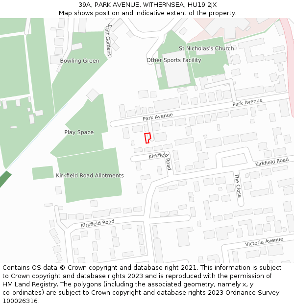 39A, PARK AVENUE, WITHERNSEA, HU19 2JX: Location map and indicative extent of plot