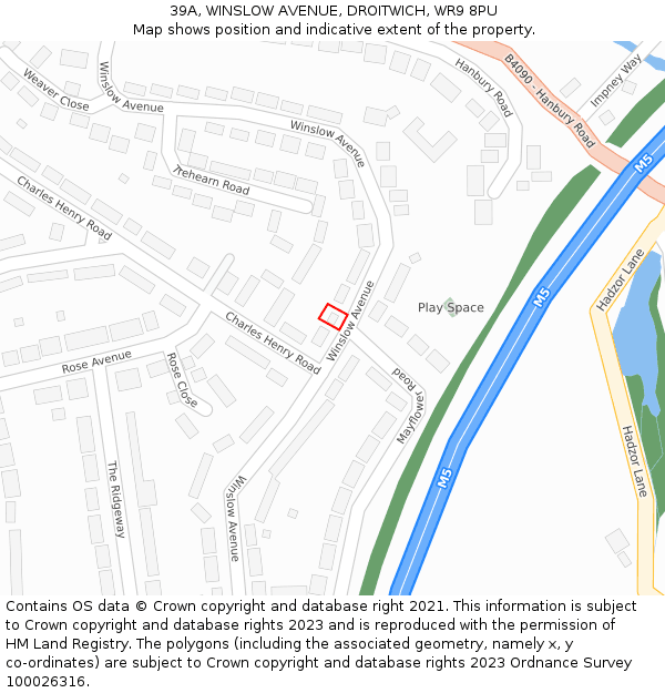 39A, WINSLOW AVENUE, DROITWICH, WR9 8PU: Location map and indicative extent of plot